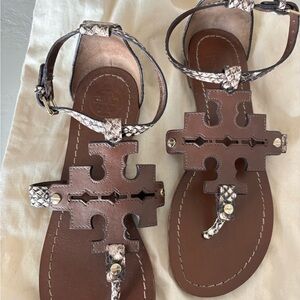Brown Leather Tory Burch Sandals with Snakeskin Straps